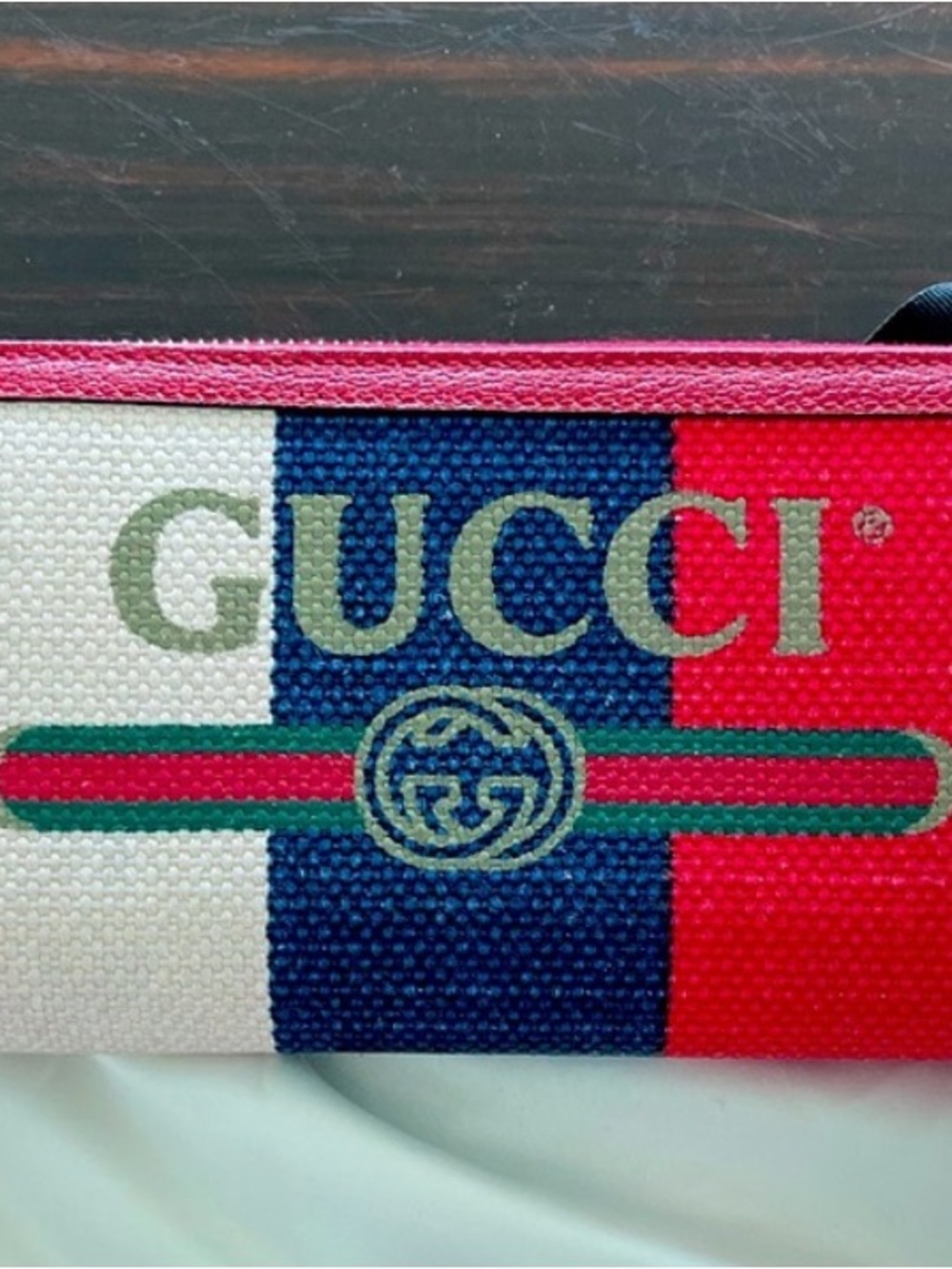 Gucci Tricolor Canvas Zip Pouch with Green Web Stripe